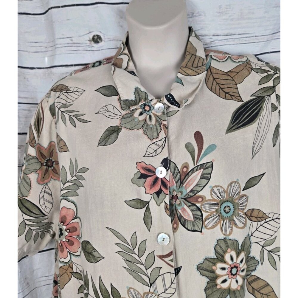 Hot Cotton Marc Ware Floral Linen Blend Top 3X Coastal Button Up Short Sleeves - Picture 3 of 7